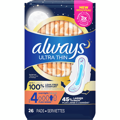 Always PADS- ULTRA THIN, Size 4 Overnight with Flexi Wings -26 pads - Bringme