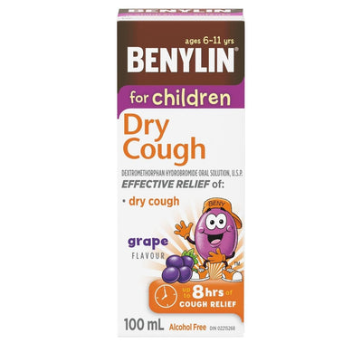 BENYLIN® Children's Dry Cough Syrup, Relieves Dry Cough, 100mL, Grape Flavour, Alcohol Free, For ages 6-11yrs - Bringme
