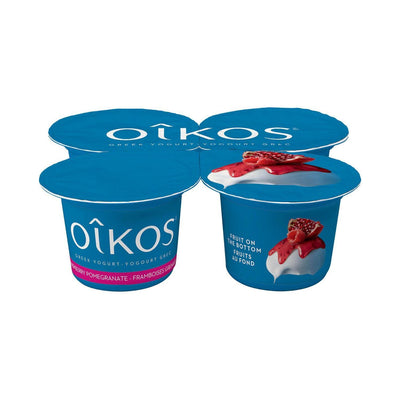 Oikos Greek Yogurt, Raspberry-Pomegramate Flavour, Fruit on Bottom, 2% M.F - 4x100g - Bringme