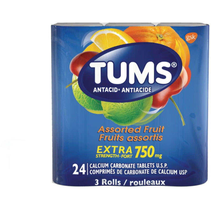 Tums Extra Strength 750, Assorted Fruit, 3 Rolls - 24 Tablets per Pack - Bringme